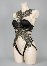 Load image into Gallery viewer, NINEVEH - Gold & Black Lace Bodycage Star Charms & Chains
