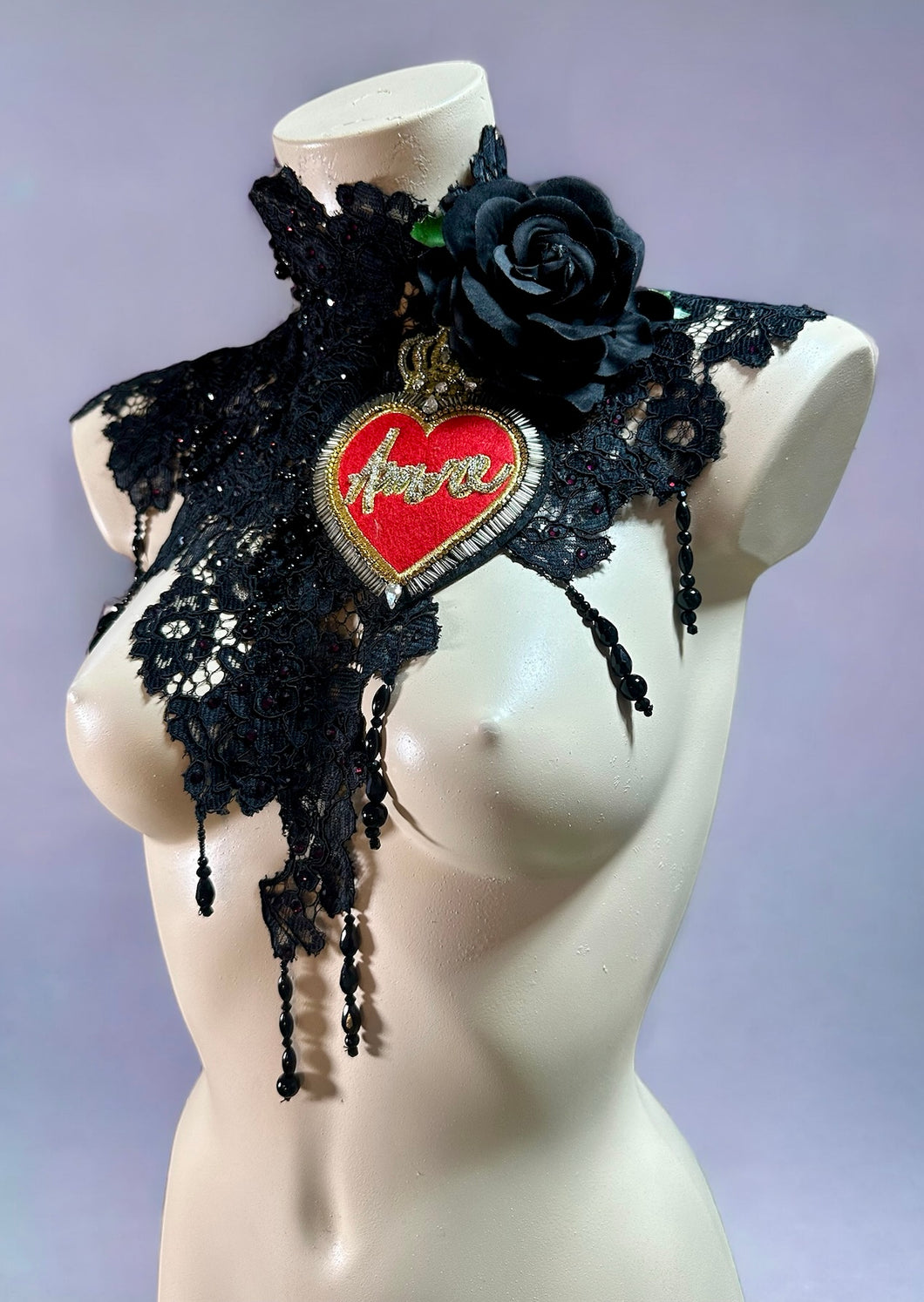AMORE - Black Lace & Crystal Beaded Collar