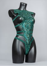 Load image into Gallery viewer, EMERALD FOREST - Sequin Lace &amp; Feather Bodycage
