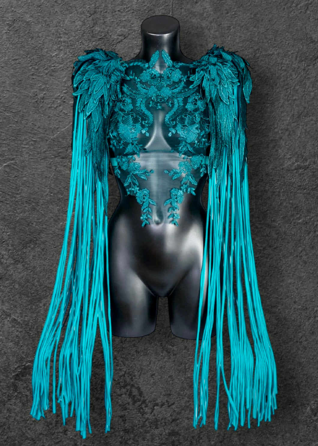 TEMPTATION - Teal Lace Harness & Fringed Epaulettes