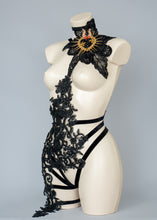 画像をギャラリービューアに読み込む, BOLEYN - Beaded Black Lace Bodycage with Crystal Heart Brooch
