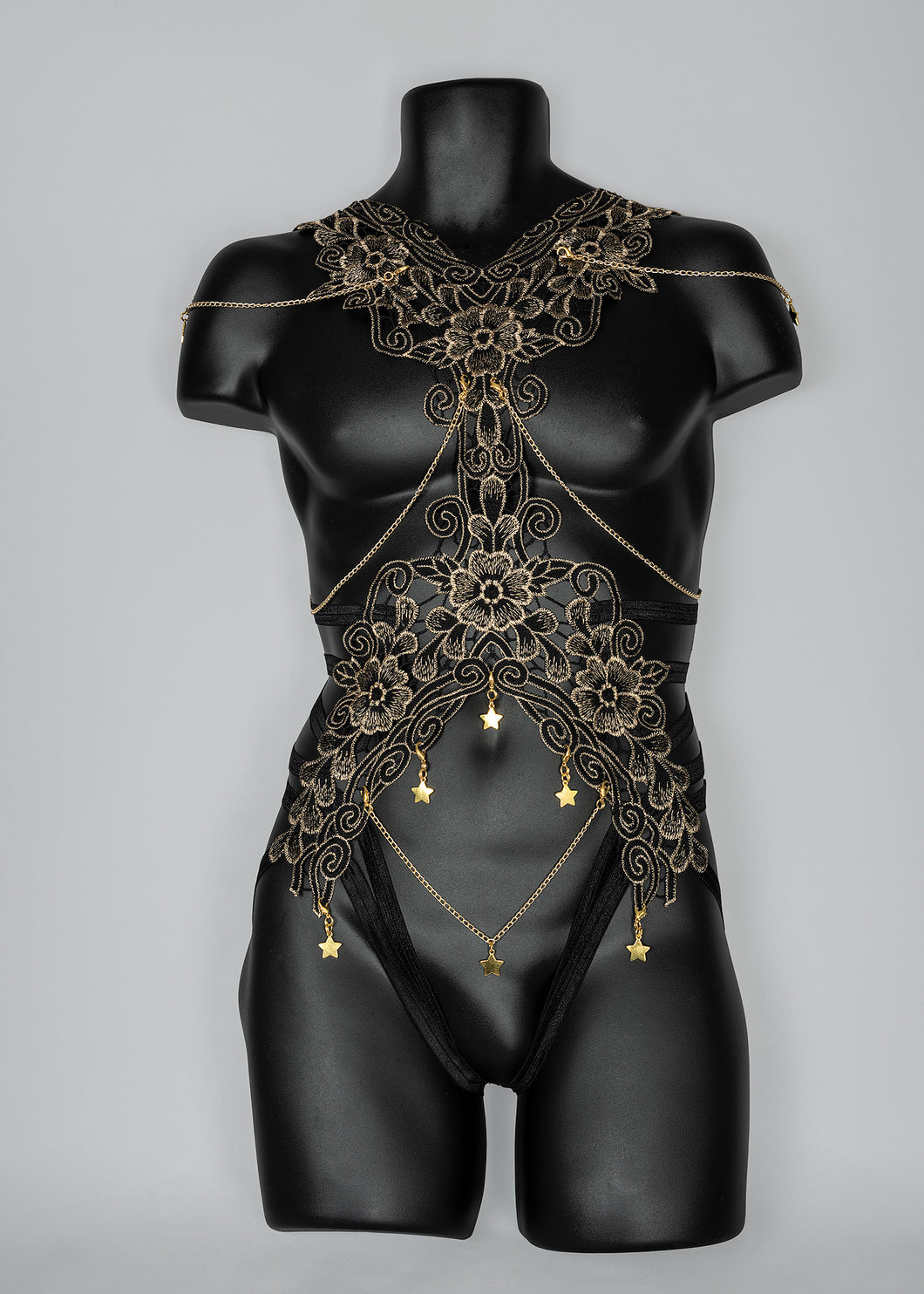 NINEVEH - Gold & Black Lace Bodycage Star Charms & Chains