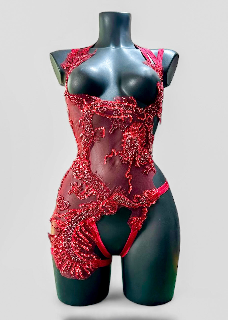 MELEYS - Red Dragon Beaded & Sequin Bodycage