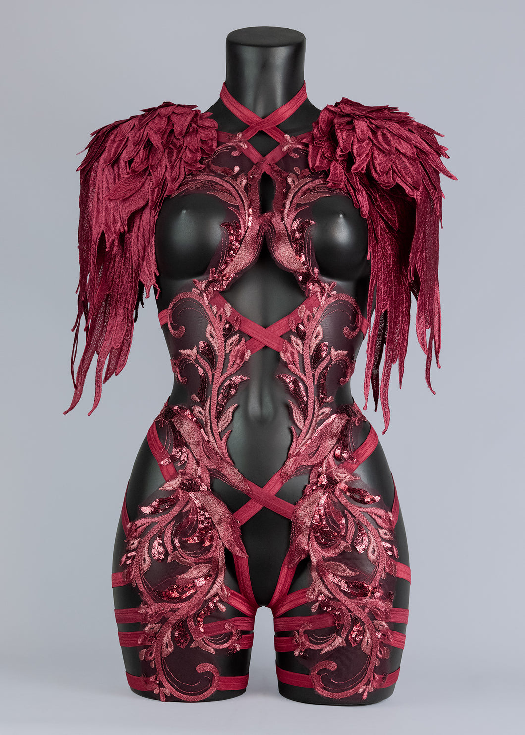 FIRE IN THE DISCO - Red Sequin Lace Bodycage & Wing Epaulettes