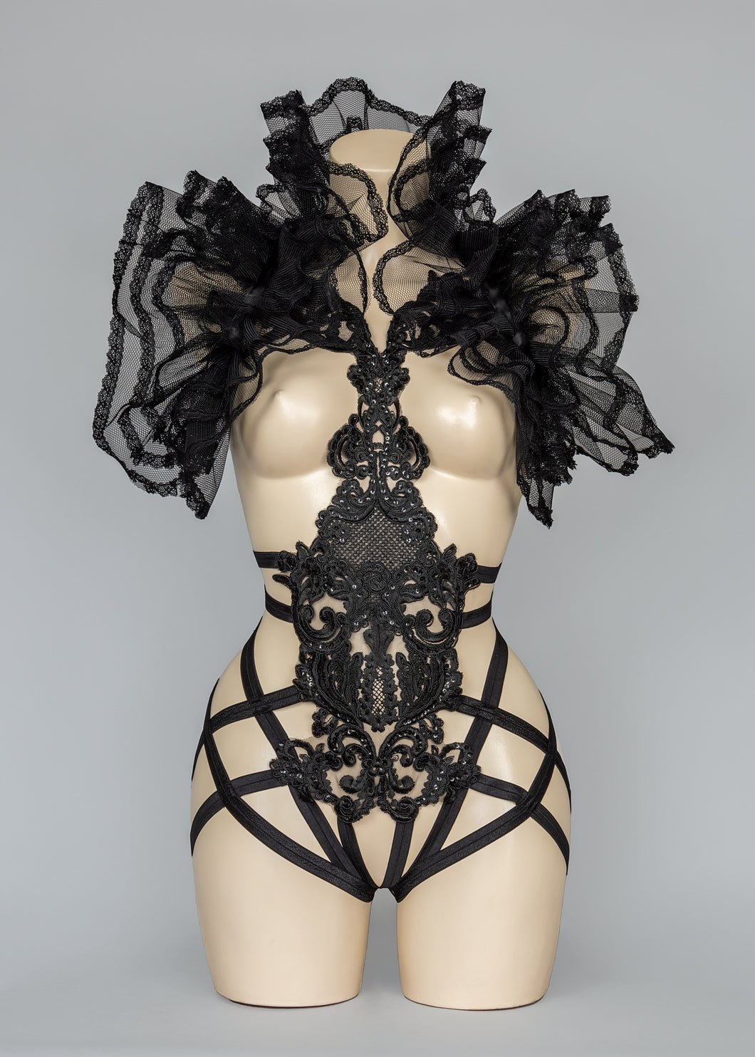 SALEM - Gothic Black Sequin Bodycage & Tulle Bolero Set