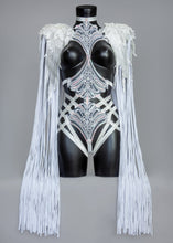 Load image into Gallery viewer, SNOW PONY - White Sequin Bodycage &amp; Fringed Epaulettes
