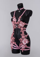 Carica l'immagine nel visualizzatore di Gallery, ROSE DAWN - *Made to Order* Pink Sequin Lace Bodycage &amp; Rose Quartz Choker

