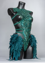Load image into Gallery viewer, EMERALD FOREST - Sequin Lace &amp; Feather Bodycage

