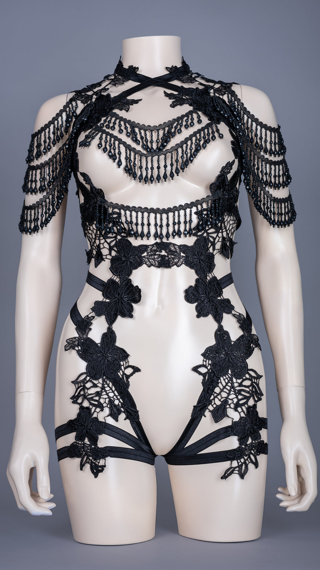 NARCOTIQUE - Luxe Black Lace Beaded Fringe Bodycage